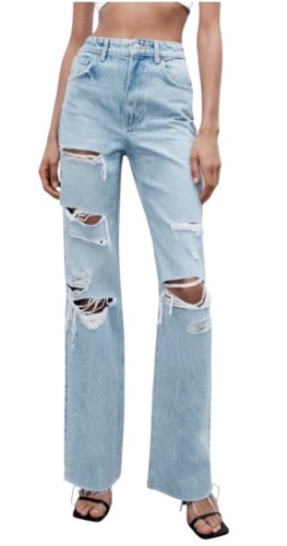 Zara Jeans Women 0 Blue Light Wash Denim Ripped Distressed Wide Leg NWT