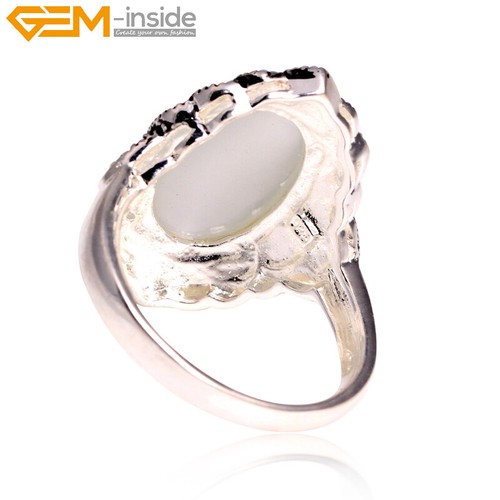Natural Oval Gemstone Charm Rings Tibetan Silver Marcasite Jewelry Women Gift - Picture 30 of 32