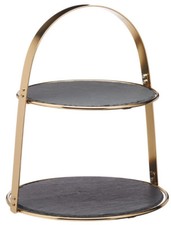 2 Tier Serving Stand Slate Platters Brass Coloured Buffet Dessert Artesa