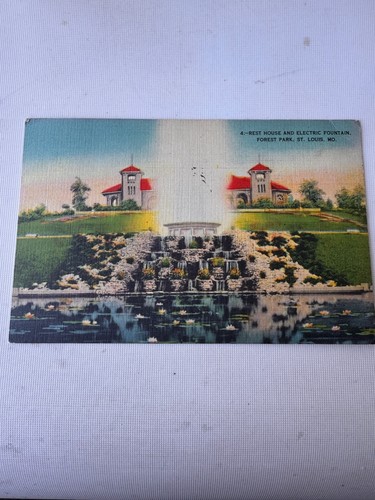 rest house and electric fountain,forest park,st.louis,mo,1943,linen postcard