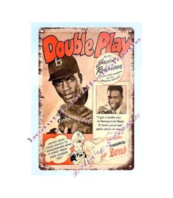 1980s Double Play with Jackie Robinson Bond Bread metal tin sign home goods art