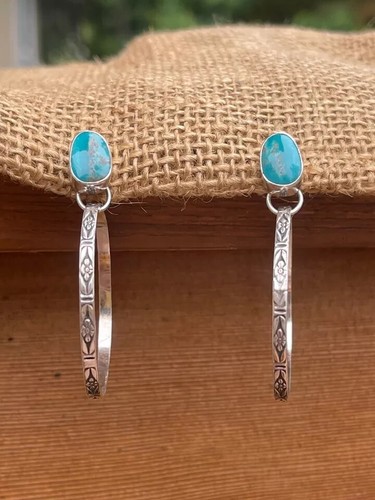 Hoop Earring Silver Turquoise Drop Earrings-Engraved Turquoise Silver Earring - Picture 4 of 7