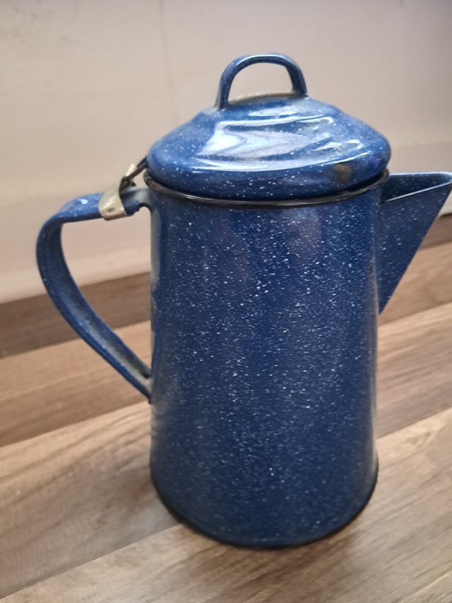 Vintage blue and white speckled enamel coffee/tea kettle hiking