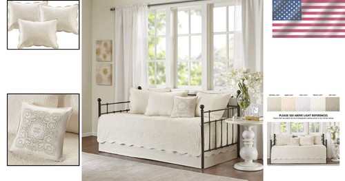 Cream Quilted Daybed Cover with Scalloped Edges & Shams, All-Season Comfort - Picture 2 of 11