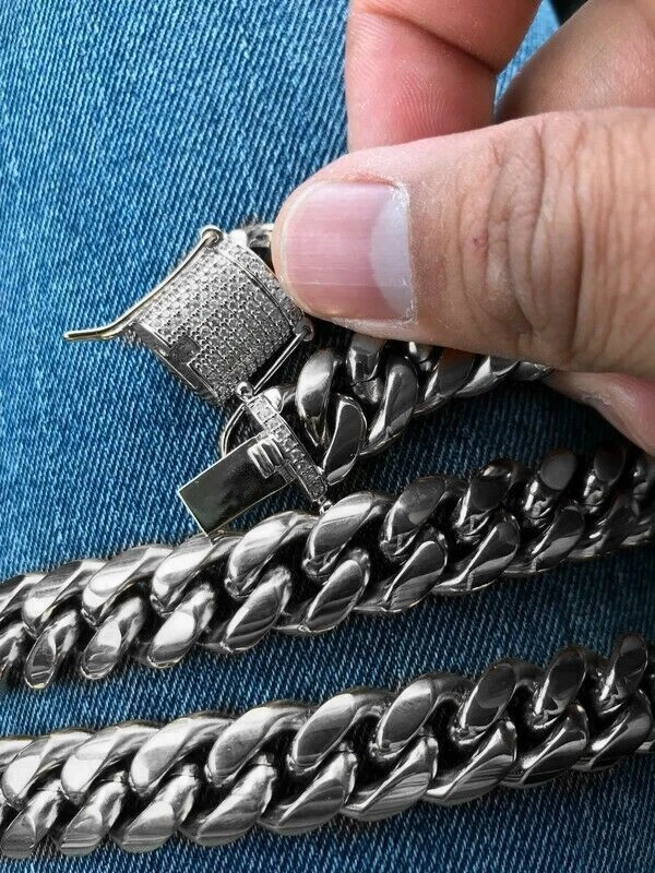 Men's 12mm White Gold Plated CZ Miami Cuban Link Bracelet 8.5''  Stainless Steel - Image 3 of 4