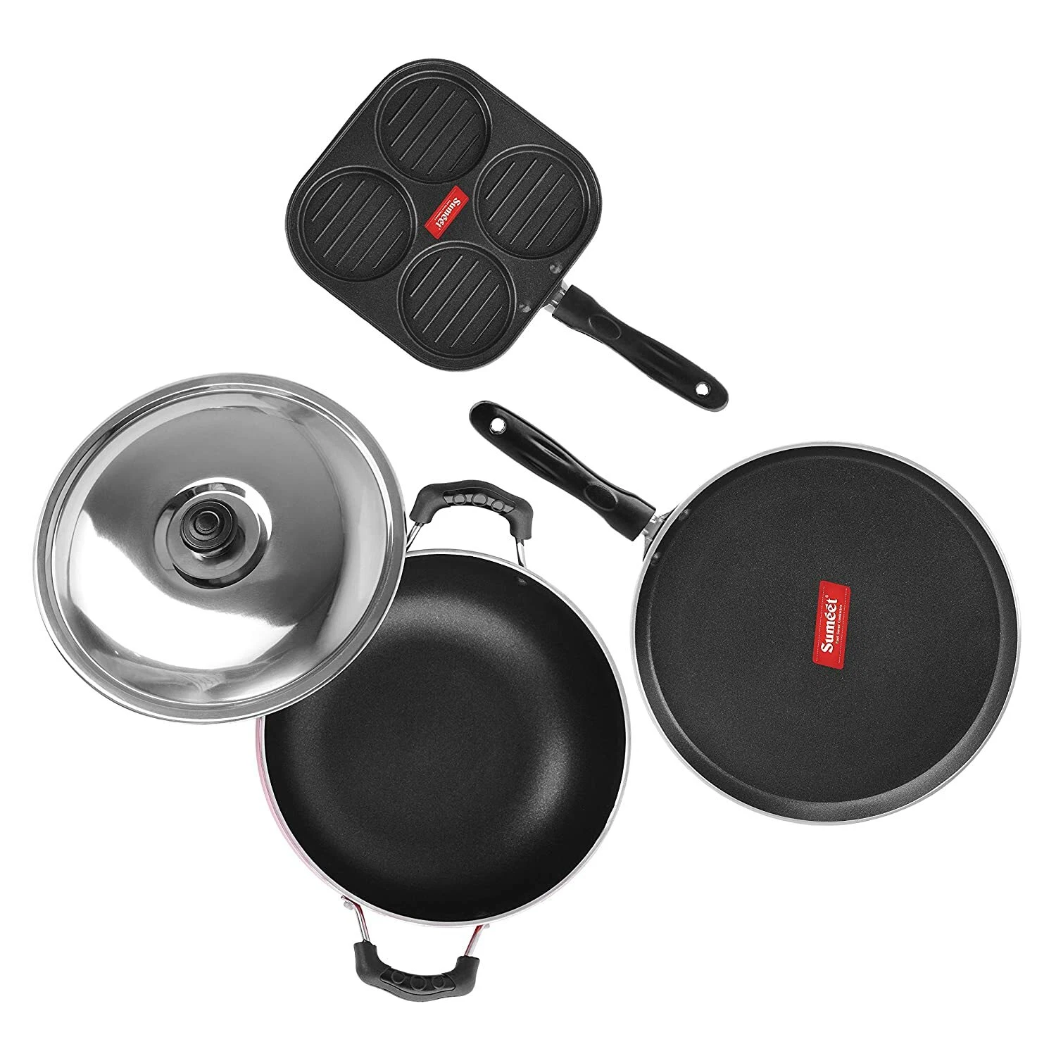 Aluminium Combo Set of 3 - Dosa Tawa Multi Snack Maker and Kadhai with Lid
Opens in a new window or