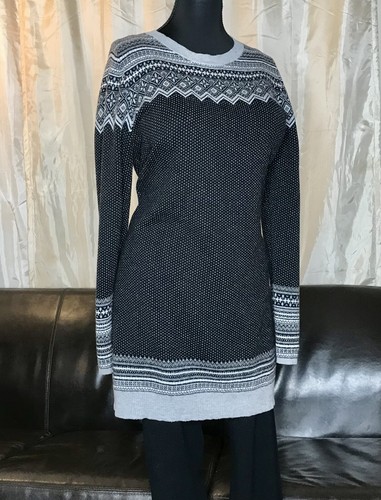 Between You & Me Sweater Dress Long Seelve Crew Neck Black White GreyFair Isle L