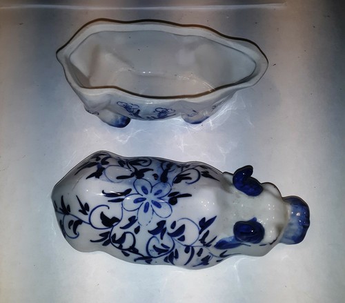 Menge 2 Vintage Orientalisch Chinesisch Wasserbüffel Blau Blumen Deckel Zuckerdose Schüssel - Bild 4 von 11