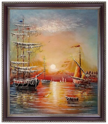 Ölbild,30, Segelschiffe,Hafen,Meer Sonnenuntergang HANDGEMALT Gemälde F: 50x60cm
