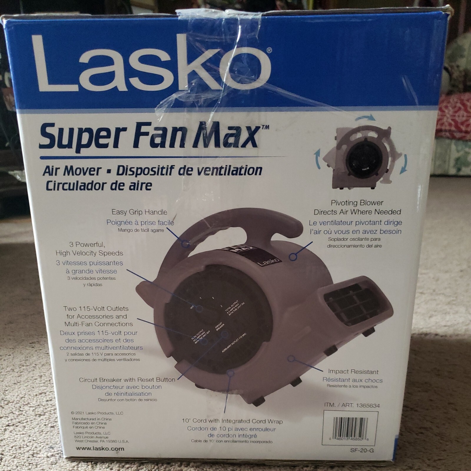 Lasko SF20G High Velocity Super Fan Max Air Mover Floor Fan with 3