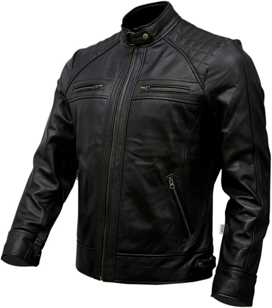 Men's Real Leather Biker Style Motorcycle Fashion Jacket-Black