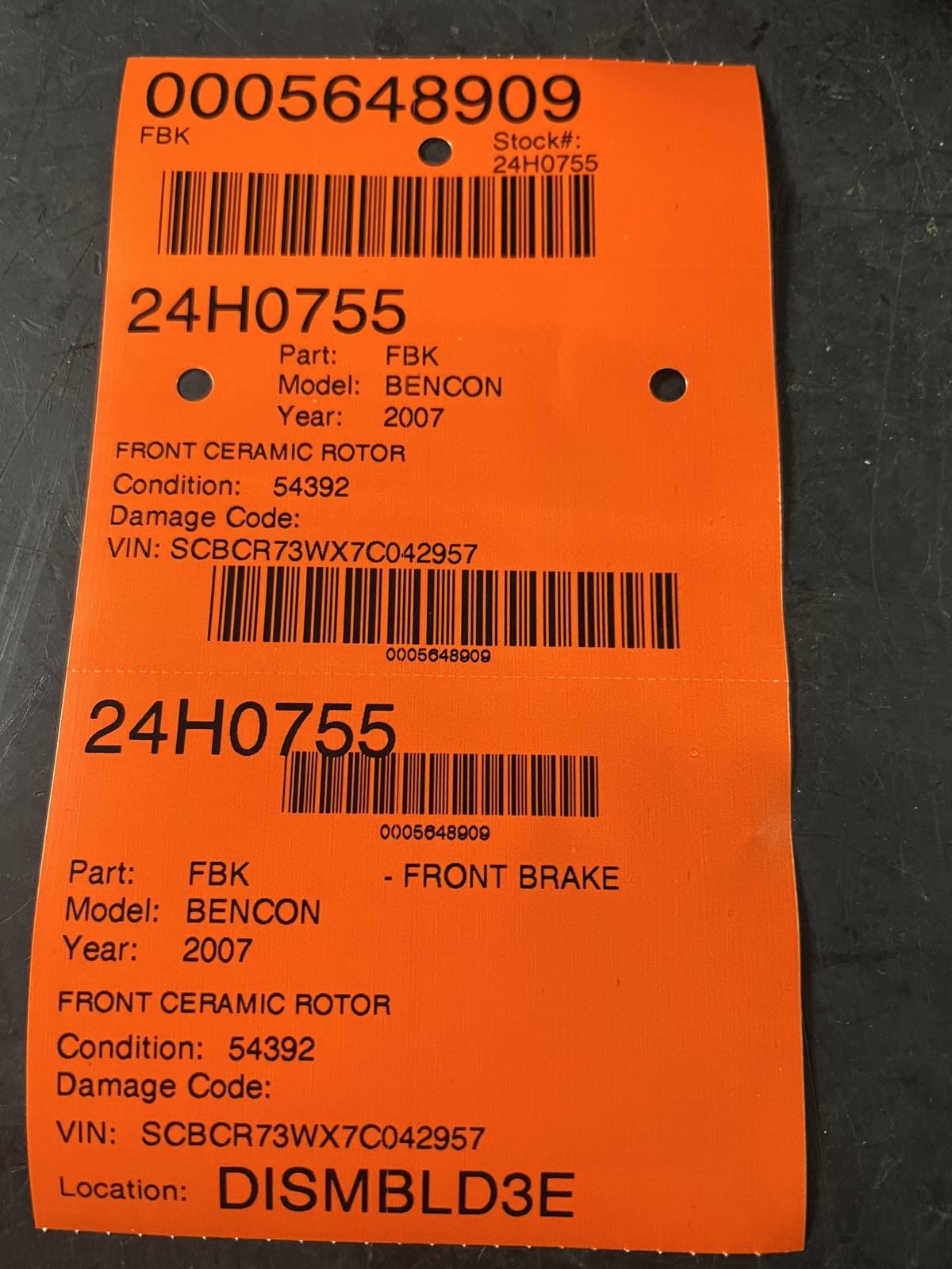 2007 BENTLEY CONTINENTAL GT RH PASSENGER FRONT CERAMIC BRAKE ROTOR 3W0615302C
