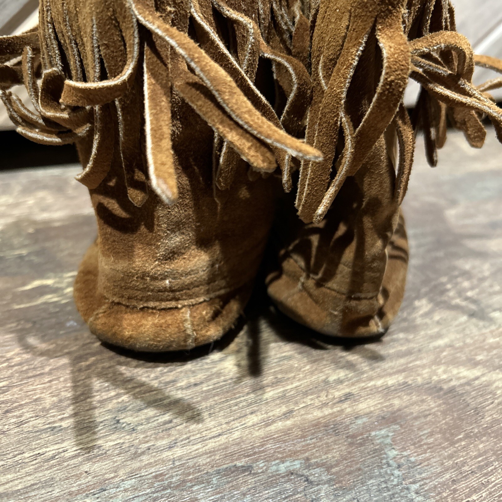 SAOLA STIVALETTI MOCASSINO MINNETONKA MARRONI SCAMOSCIATI CUCITI SUOLA GOMMA FRANGE LACCI 5