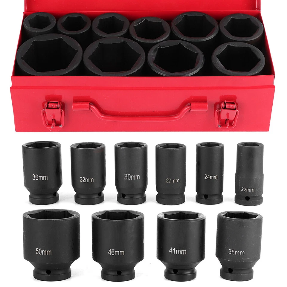10PC 3/4" DRIVE DEEP IMPACT SOCKET SET 22-50MM HGV LONG REACH IMPACT SOCKET KIT - Image 4 of 4