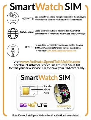 SpeedTalk Smartwatch SIM Card Starter Kit for 4G 5G LTE Smart Watches