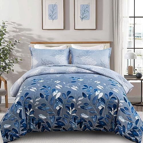 Comforter Set Navy Botanical Leaves Comforter for Bed 3 Pieces Queen Blue