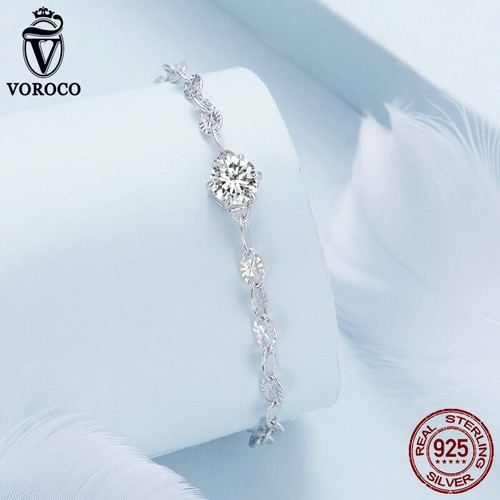 VOROCO Women 925 Sterling Silver Glitter Zircon CZ Bracelet Chain Jewelry Women - Picture 8 of 17