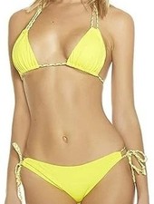 Yellow Bikini Set Top and Side Tie Bottom Gold Braided Ties
