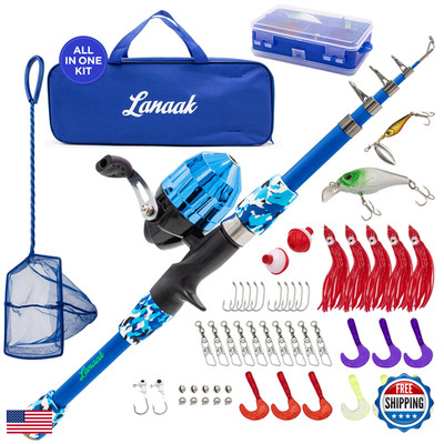 Lanaak Kids Fishing Pole And Tackle - Net Travel Bag Reel And Beginners Guide -