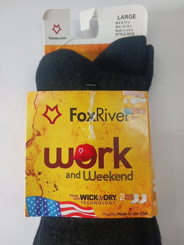 Fox River 6532 Wick Dry Calcetines Ligeros Crew 2 Pares Negros Hechos en EE. UU.   Foto 2 de 4