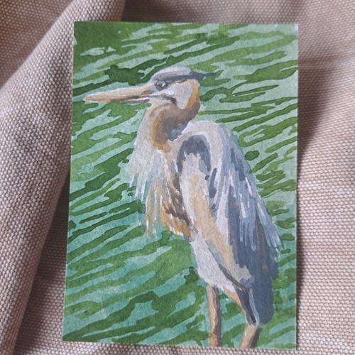 ACEO original gouache heron painting 1/2 birds animal nature ajacks_art