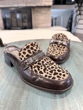 Brighton Womens Size 7 Brown Leather Leopard Calf Hair Mule Heels Made In Italy