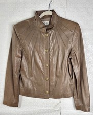 ST.JOHN COLLECTION LAMB LEATHER TAUPE BROWN JACKET LOGO BUTTONS HAS SPOTS 6 S