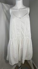 H&M L.O.G.G. White Pintuck Pom Pom Drop Waist Mini Dress Size M
