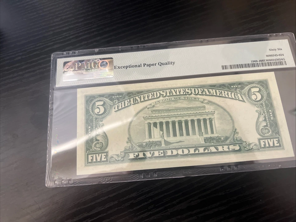 1969 $5 FRN Kansas City  Fr. 1969-J PMG 66 EPQ Serial J25608029A - Image 2 of 2