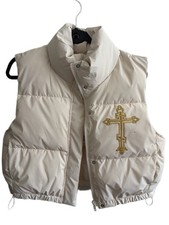 Girls Beige Insulated Puffer Vest with Embroidered Cross Zip Closure