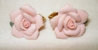 Vintage Gold Tone Applied Ceramic Rose Flower Costume Jewelry Clip on Earrings