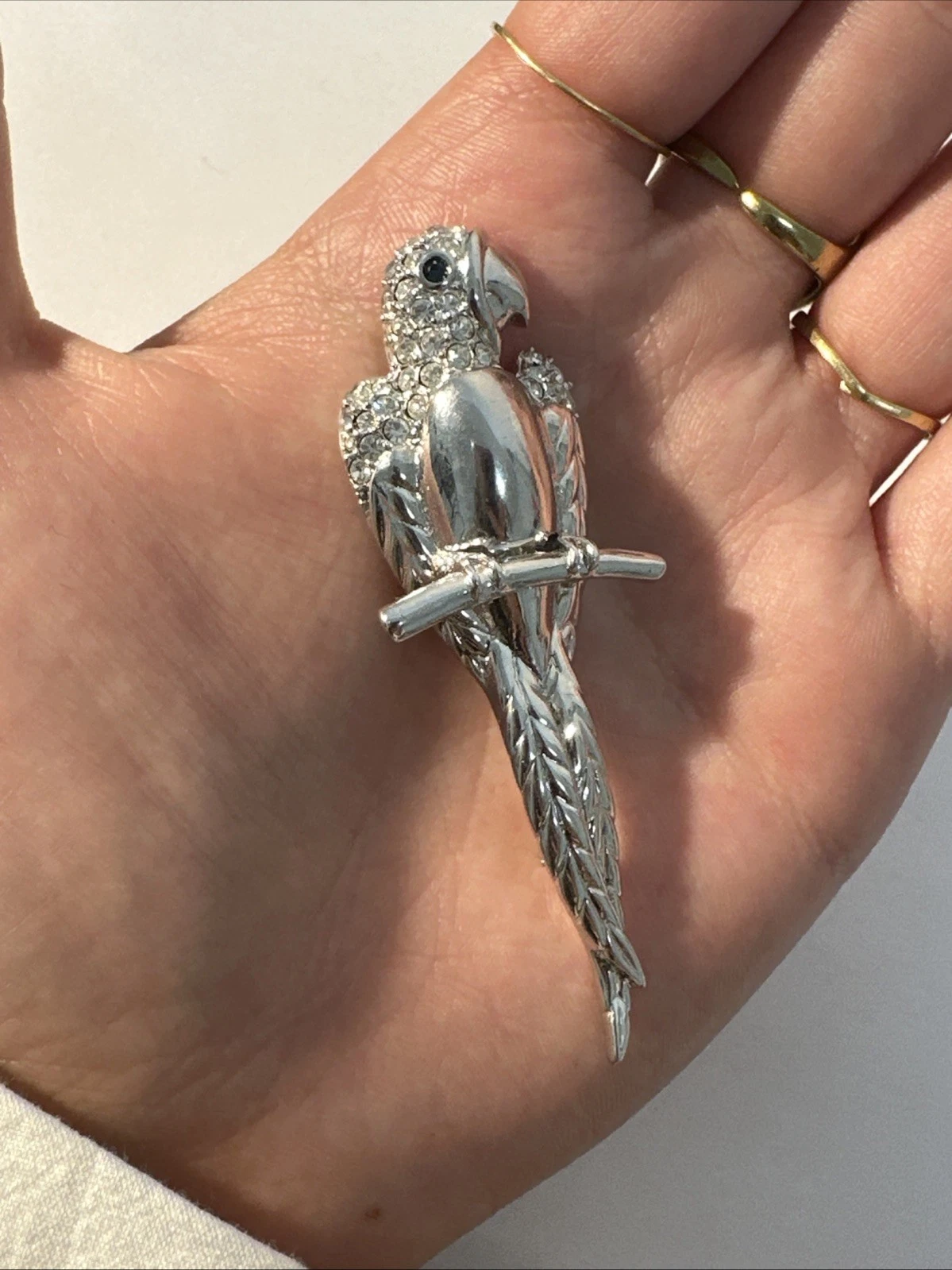 Broche Perroquet Argenté Strass Blanc Bijoux Fantaisie