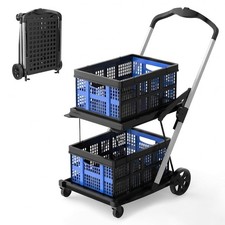 Collapsible Shopping Cart 2 Tier Foldable Trolley Wheels Blue LSZDC1450 Multi