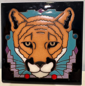 Vintage 6” Relief Art Tile 6” Trivet Cougar Mountain Lion Southwest Hand Glazed