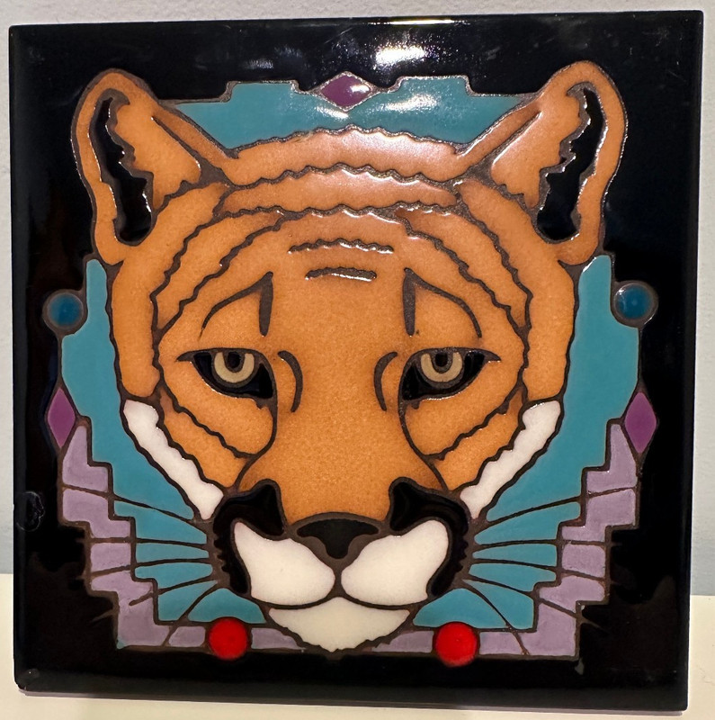 Vintage 6” Relief Art Tile 6” Trivet Cougar Mountain Lion Southwest Hand Glazed