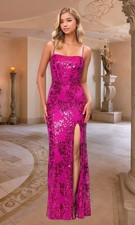 Blondie Nites sz 3 Lace-Up Hot Pink Sequin Prom Gown 5247BN Sparkly High Slit