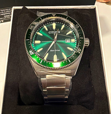 Citizen Eco-Drive Brycen Green Dial Date 100m Steel Bracelet Watch AW1598-70X