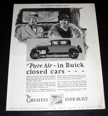 1926 OLD MAGAZINE PRINT AD, NOW GET PURE AIR IN BUICK CLOSED CARS, THE GREATEST!