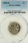 1934-D Buffalo Nickel : PCGS MS65