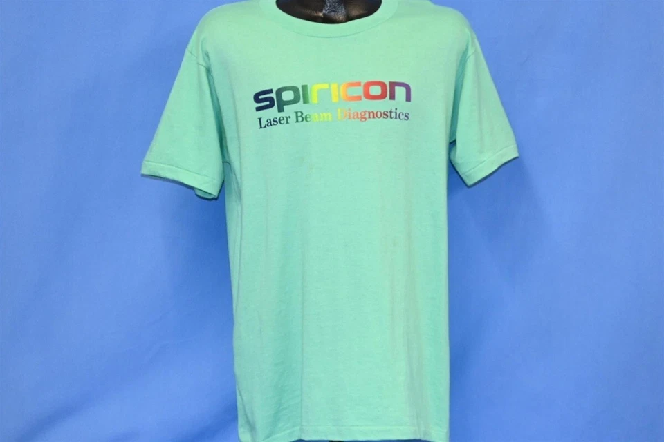 Винтажная футболка 80-х SPIRICON LASER BEAM DIGNOSTIC RAINBOW ЛОГОТИП БИРЮЗОВЫЙ БОЛЬШОЙ РАЗМЕР L - Изображение 2 из 4