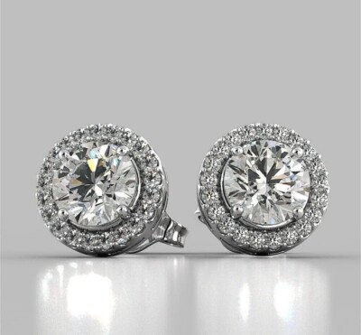 4 Ct Halo Round Cut FL/D Lab Created Stud Earrings 14K White Gold Push Back 8mm