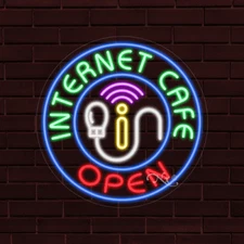 NEW "INTERNET CAFE OPEN" w/LOGO 26x26x1 INCH LED FLEX WINDOW INDOOR SIGN 31823