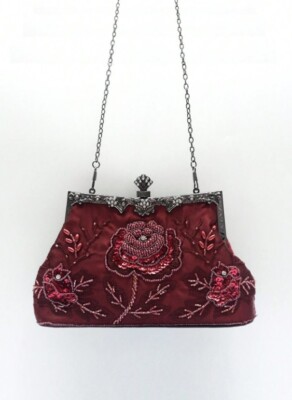 Elegant 1920s Vintage Burgundy Rose Evening Clutch Bag with Beaded Sequin