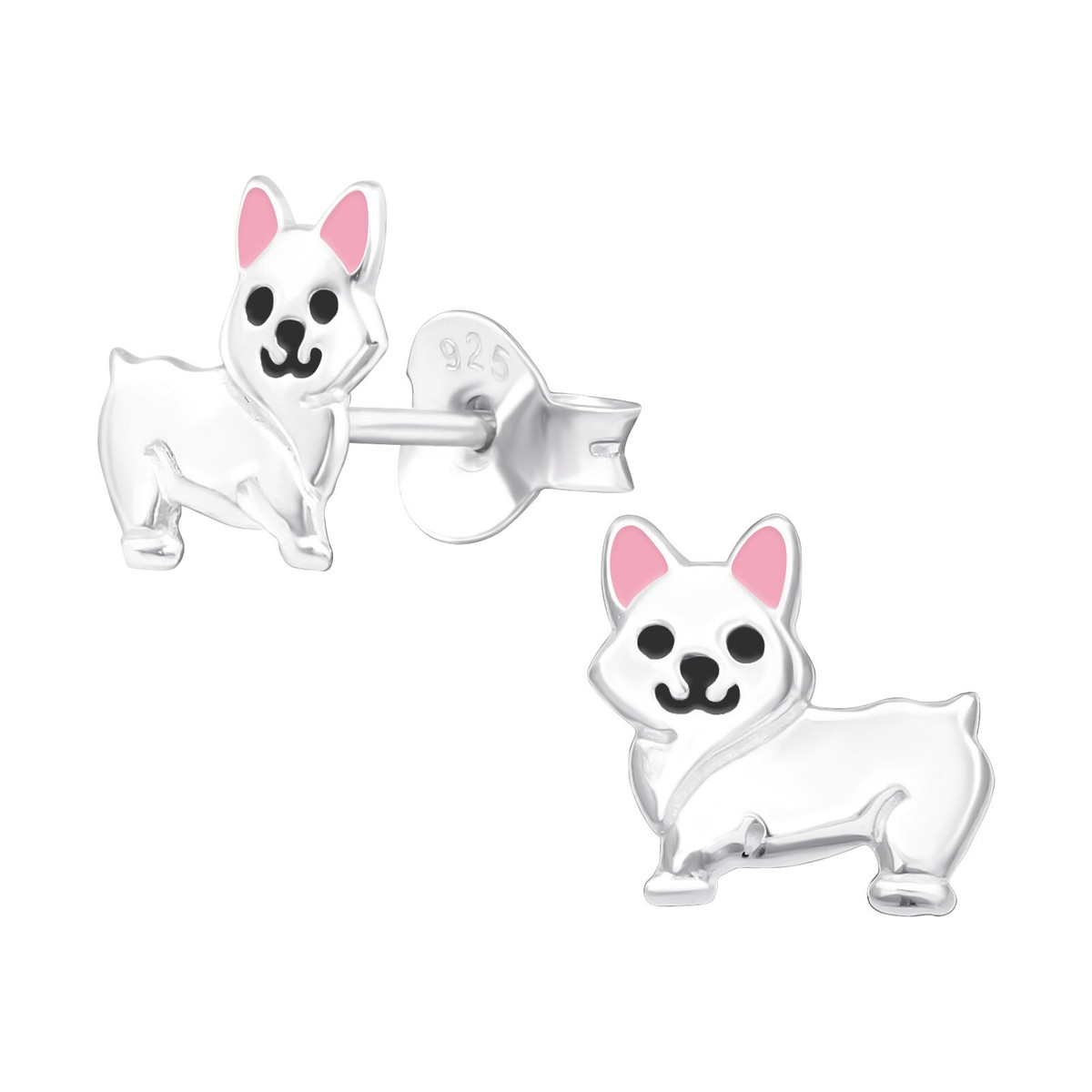 925 Sterling Silver Cute Corgi Pink Ears Dog Kids Girls Women Stud