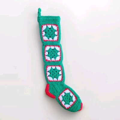 Vintage Boho Crochet Granny Square Christmas Stocking Red Green White Long 24
