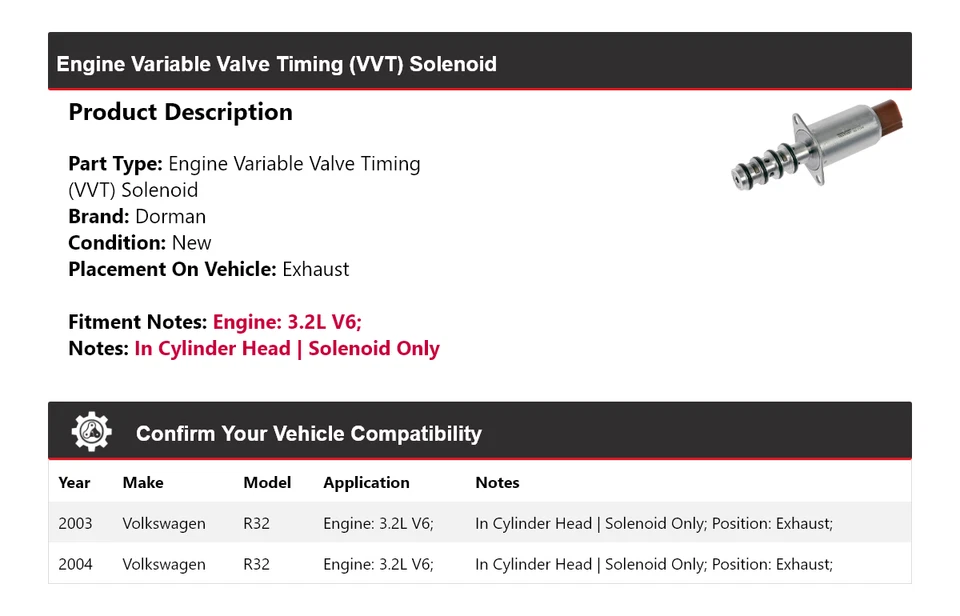 Escape solenoide VVT para Volkswagen R32 2003-2004 motor V6 Dorman 3,2 L Foto 2 de 4