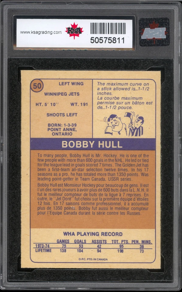 1974-75 OPC WHA HOCKEY 50 BOBBY HULL KSA 9.5 N GEM MINT WINNPEG JETS BLACK HAWKS - Image 2 of 2