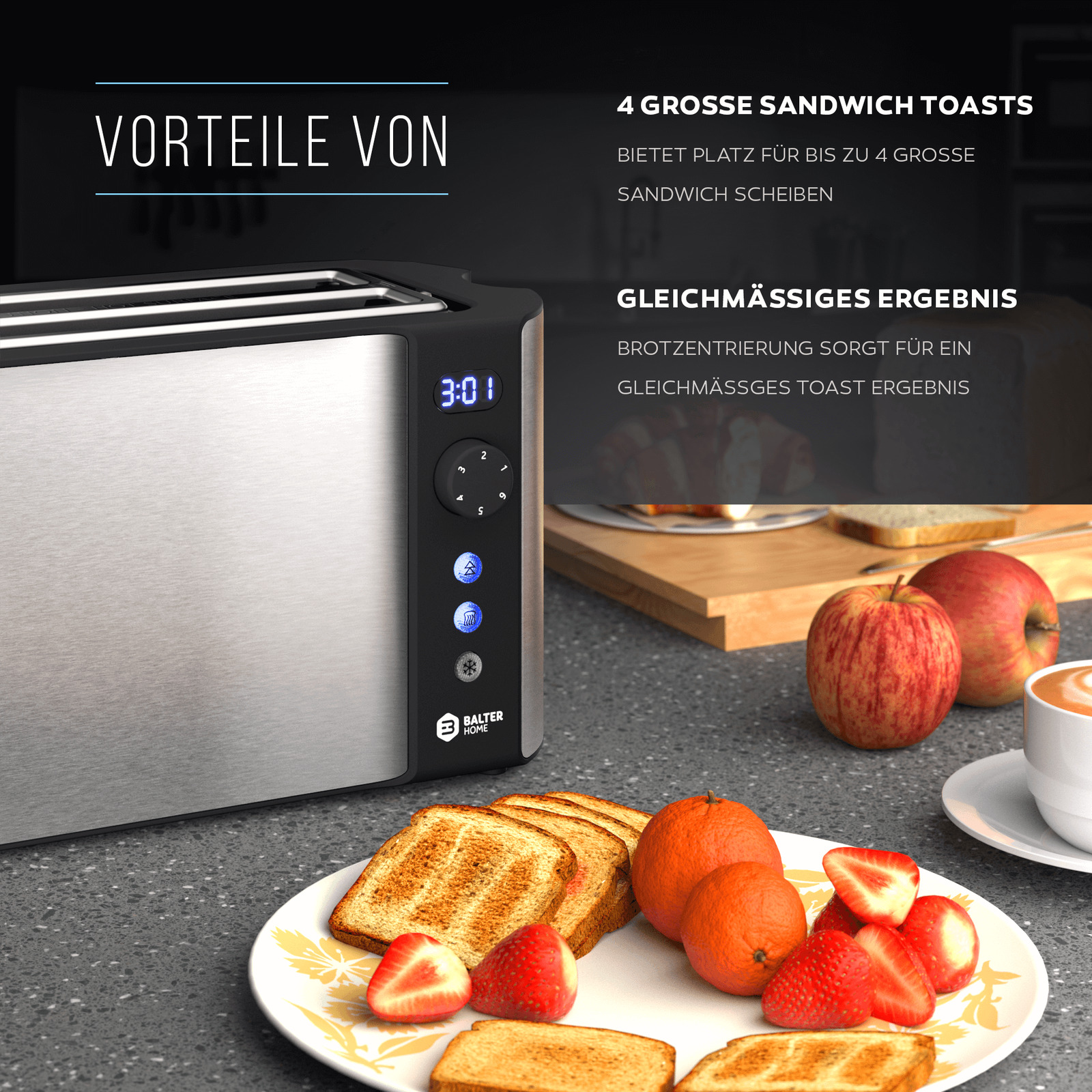Balter Toaster 4 Scheiben Langschlitz Edelstahl Brötchenaufsatz LCD 1500W Silber