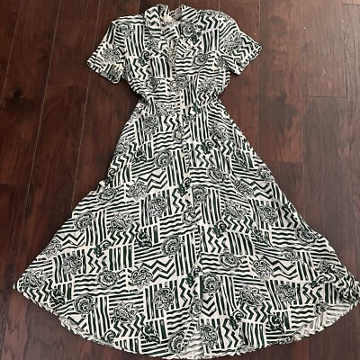 Vintage Liz Claiborne Sportdress Green White Geometric Floral Size 8 Dress  | eBay