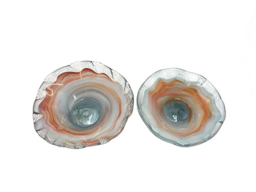 Set of 2 Blown Art Glass Bowl Free Form Wave Border Edge Orange Pink Swirls